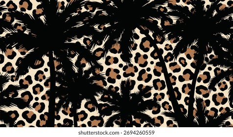 Padrão de impressão de leopardo tropical com silhuetas de palmeira para moda de verão.