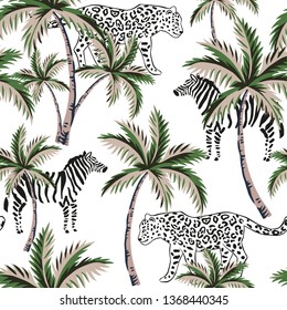 Tropical leopard, zebra animal, palm trees, white background. Vector seamless pattern. Vintage illustration. Exotic jungle. Summer beach design. Paradise nature