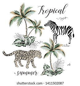 Tropical leopard, zebra animal, palm tree, leaves, white background. Print for tee shirt template, poster, card. Vector graphic illustration. Exotic jungle. Summer beach design. Paradise nature