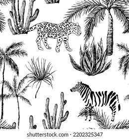 Tropical Leopard, Zebra Animals, Palm Trees, White Background. Vector Seamless Pattern. Graphic Illustration. Exotic Jungle. Summer Beach Design. Paradise Nature