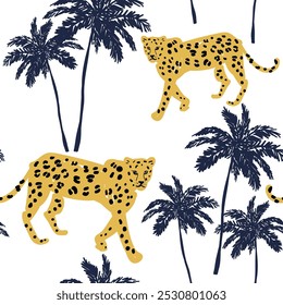 Tropical leopards, palm trees, white background. Vector illustration. Seamless pattern. Exotic plants, animals. Summer beach design. Paradise nature