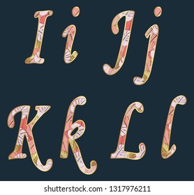 Tropical letters. Lettering with exotic leaves in gold and pink