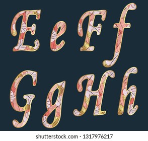 Tropical letters. Lettering with exotic leaves in gold and pink
