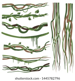 Tropical Liana Branches, Stems, Vines Set, Jungle Plants Decorative Elements, Rainforest Flora Vector Illustration