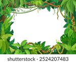 Tropical liana frame of jungle forest ivy branches or creeper plant vine, cartoon vector background. Tropical liana frame or rainforest jungle bindweed tree borders or hedera vine and monstera leaves