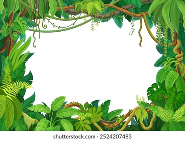 Quadro de liana tropical de ramos de hera floresta selva ou trepadeira planta, fundo de vetor cartoon. Limites de liana tropical ou floresta tropical jungle arbórea ou hedera vine e folhas de monstera