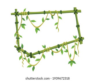 Tropical liana frame, jungle plant branches with leaves. Tropical climbing liana vine with green leaves. Cartoon lianas frame shaped. Liana branches