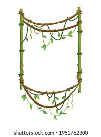 Tropical liana frame, jungle plant branches with leaves. Tropical climbing liana vine with green leaves. Cartoon lianas frame shaped. Liana branches