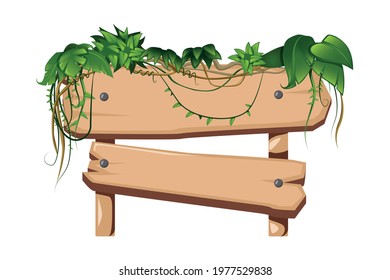 Tropical liana with green leaves twining round wooden post with sign board cartoon vector illustration