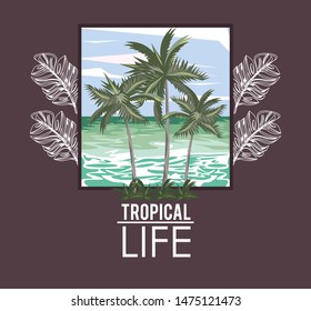 Tropical life and beach summer card travel cartoons, vacations in island. vector illustration graphic design.