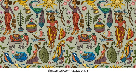 Tropical life, fairy nature background. Art with women, birds and elephant. Frame for your design