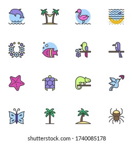 Tropical life filled outline icons set, line vector symbol collection, linear colorful pictogram pack. Signs, logo illustration, Set includes icons as dolphin, flamenco, exotic fish, palm tree beach