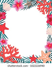 Tropical life frame border vector design by coconut leaves, starfish, seashell, hibiscus flowers and coral for summer seasons.