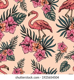 Tropical light vintage seamless pattern with flamingo beautiful hibiscus flowers monstera and palm leaves vector illustration