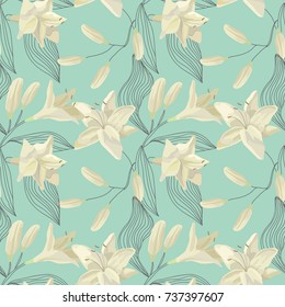 Tropical Lily Engraving Seamless Pattern. Floral Watercolor Background. Vector illustration