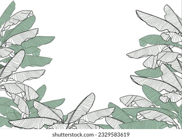 Tropical line art leaves pattern, banana leaf vector background
