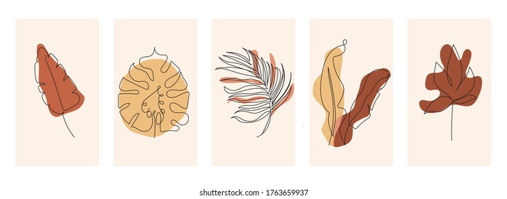 Tropical line arts vector cover set. Nature leaves design element for invitation, prints, fabric and wallpaper.