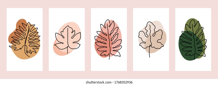 Tropical line arts vector cover set. Nature leaves design element for invitation, prints, fabric and wallpaper.