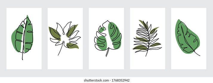 Tropical line arts vector cover set. Nature leaves design element for invitation, prints, fabric and wallpaper.