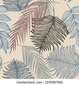 Tropical linear seamless pattern with monstera, palm leaf, fern, branches on beige background. Line art  with different leaves