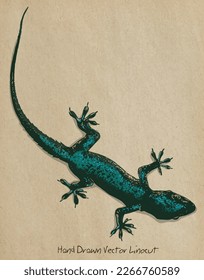 Lagartija tropical, gecko, reptil primitivo con escalas brillantes. Ilustración vectorial dibujada a mano, estilizada en linocut artístico tradicional o huella de carpintería en papel antiguo.