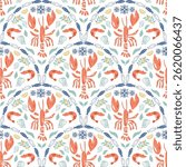 Tropical lobster pattern, summer Italy vacation mood. Cute coastal damask ornament, summer beach arched print, hand drawn seafood, sardines, shrimps, seaweeds. Vector textile design wallpaper