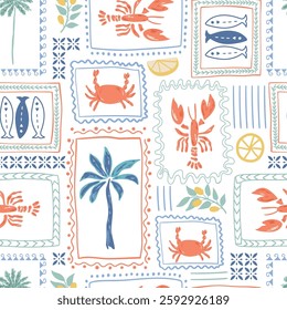 Tropical lobster pattern, summer Italy vacation mood. Retro palm trees, sardines, lemon in the frames. Mediterranean wallpaper, cute geometric design, textile, background, paper. Vector hand drawn art