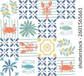 Tropical lobster seamless pattern, Italy vacation mood. Mediterranean summer background with seafood, sardines, crab, palm trees, lemon, Italian tile. Vector wallpaper, retro geometric design, textile