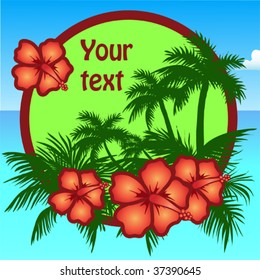 Tropical logo with coconut palms and hibiscus flowers. Vector illustration.