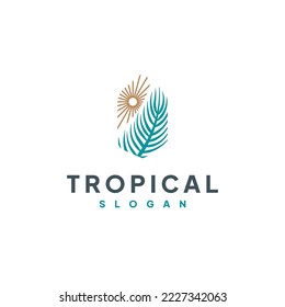 Diseño del logotipo tropical, placa de ilustración de la hoja de palma y la luz solar vectorial