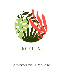 Tropical logo design, round badge with palm leaves vector Illustration on a white background