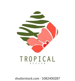 Tropical logo template design, geometric badge with green leaves and red flowers vector Illustration on a white background