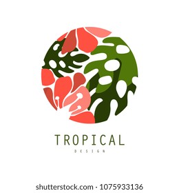 Tropical logo template design, round badge with palm leaves and red exotic flowers vector Illustration on a white background