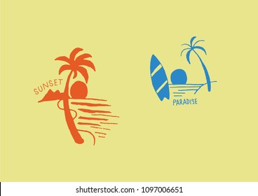 Tropical logos with sunset and palm trees