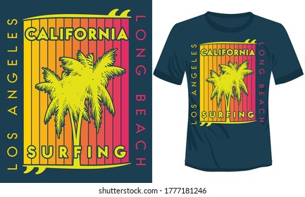 tropical long beach with palm trees and surfing colorful vector vintage t-shirt illustration, California Los Angeles Long beach t-shirt design