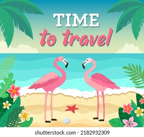 tropical look. holiday in an exotic country. summer sale banner. palm trees, beach, plants. vector illustration