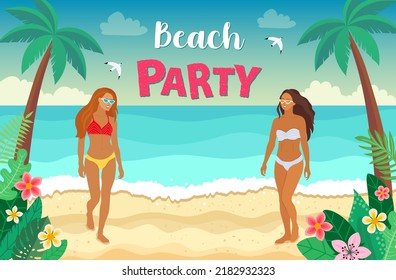tropical look. holiday in an exotic country. summer sale banner. palm trees, beach, plants. vector illustration