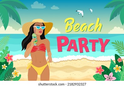 tropical look. holiday in an exotic country. summer sale banner. palm trees, beach, plants. vector illustration