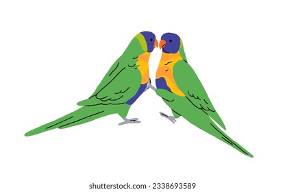 Tropical lorikeets parrots. Exotic lori birds couple. Colorful-feathered parakeets, jungle rainbow loriinae. Cute wild birdies together. Colored flat vector illustration isolated on white background