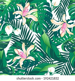 Tropical lush flowers seamless pattern on a white background.