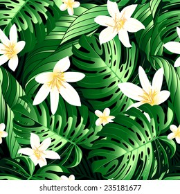 Tropical lush flowers seamless pattern on a white background.