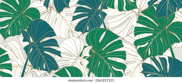 Tropical luxury background with green monstera leaves and golden outline. Delicate fresh background for creating various designs, cards, covers, wallpapers.