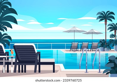 tropical luxury resort hotel beach swimming pool and poolside seating area summer vacation concept seaside background