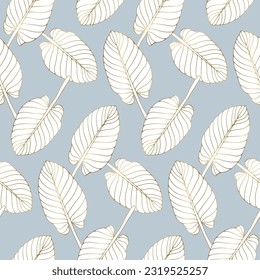 Tropical luxury seamless pattern with golden leaves on a blue background. Pattern for textiles, wrapping paper, backgrounds, wallpapers, decor