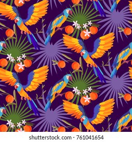 Tropical macaw parrot in junglee seamless pattern.