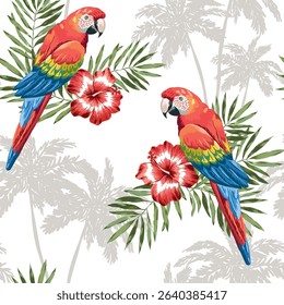 Tropical macaw parrots, palm trees silhouettes, hibiscus flowers, leaves, white background. Vector seamless pattern. Floral illustration. Exotic plants, birds. Summer beach design. Paradise nature