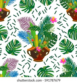 Tropical magic forest. Seamless vector pattern with exotic plants in ceramic pots and palm leaves. Ethnic textile design collection. Colorful on white.