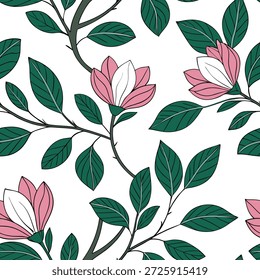 Magnólia tropical padrão de azulejos sem costura com folhas verdes exuberantes e centros de magnólia vibrantes no fundo branco ideal para lounges ensolarados conceito como Lounges verdejantes folhas de magnólia e centros vibrantes no fundo branco criar padrão de azulejos sem costura tropical para lounges ensolarados no Conceito de Stock de Foto e espaço vazio no lado esquerdo, sem texto —ar 7:2 —azulejo