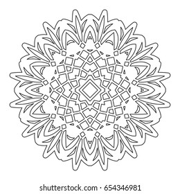 Tropical Mandala. Round Element For Coloring Book. Black Lines on White Background. Abstract Geometric Ornament. Vector.
