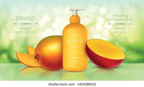 Tropical mango cosmetics realistic vector. Bottle with cosmetic skin care product, whole and sliced yellow mango fruit on green blurred shine background with sunlight. Mock up promo banner